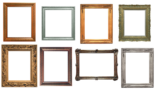Collection of various antique frames on white background