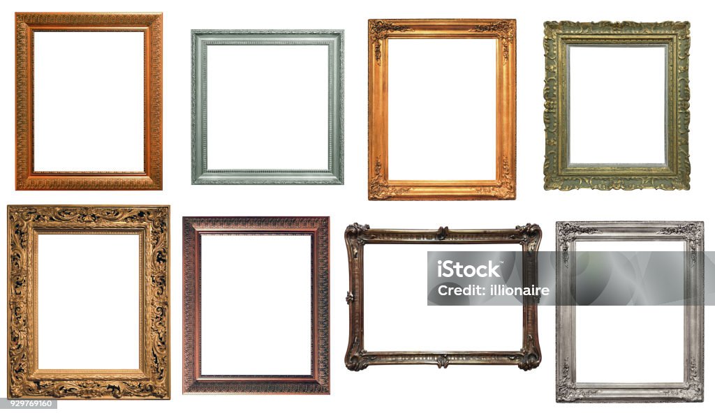 Collection of isolated frames Collection of various antique frames on white background Picture Frame Stock Photo