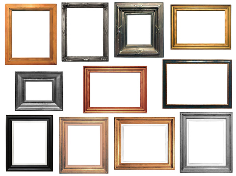Collection of various antique frames on white background