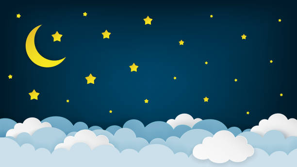 istock Crescent moon, stars, and clouds on the midnight sky background. Night sky scenery background. Paper art style. Vector Illustration. 929772176