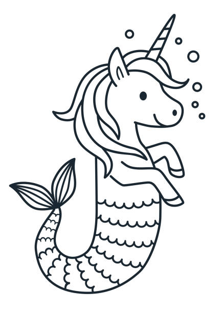 Cute unicorn mermaid vector coloring page cartoon illustration. Magical creature with unicorn head and body and fish tail. Dreaming, magic, believe in yourself, fairy tale mythical theme element Cute unicorn mermaid vector coloring page cartoon illustration. Magical creature with unicorn head and body and fish tail. Dreaming, magic, believe in yourself, fairy tale mythical theme element unicorn coloring pages stock illustrations