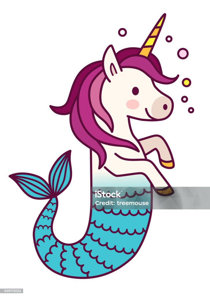 Cute unicorn mermaid simple vector cartoon illustration. Magical creature with unicorn head and body and fish tail. Dreaming, magic, believe in yourself, fairy tale mythical theme design element Mermaid stock vector