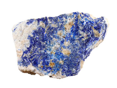 Natural rock specimen of lazurite (lapis lazuli) in dolomite marble rock from Slyudyanka, South Baikal, on white background