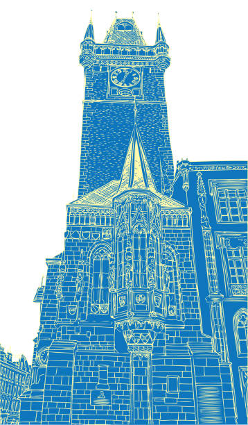 istock Prague town, Czech Republic. Astronomical Clock Tower side. Old Town Hall in the Old Town Square in European city, black & white vector sketch hand drawn collection. Famous, tourists & travel, popular historic city attraction. Tourism co 929785796