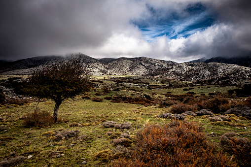 Dramatic sky above Nida Plateau. The Nida Plateau is located at an altitude of 1350 m between the east and west peaks of mount ida, Crete, Greece