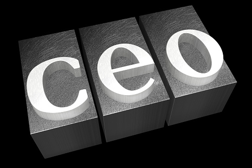 CEO concept - 3D word (metal font face) isolated on black background.