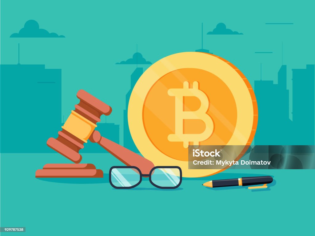 Cryptocurrency legislation flat isometric vector concept. Signed document with bitcoin and gavel on it. Cryptocurrency legislation flat isometric vector concept. Signed document with bitcoin and gavel on it. Exchange and crafting of money in blockchain law legacy illustration. Prohibition of ICO Law stock vector