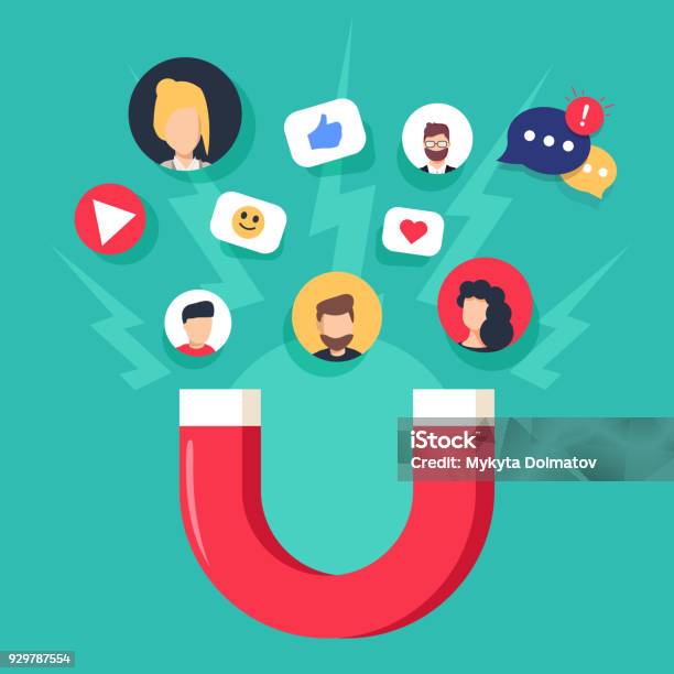 Social Media Concept Vector Illustration With Magnet Engaging Followers And Likes Influence Marketing Stock Illustration - Download Image Now