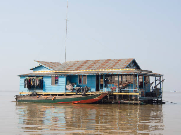 Cambodian Floating Village at sunset. Kampong Kleang, Tonle Sap, Cambodia.