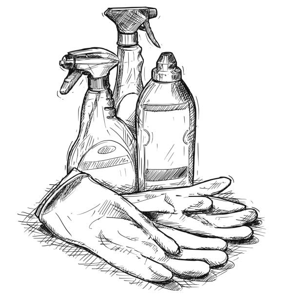 Vector Hand Drawing of Set of House Cleaning Products Vector artistic pen and ink hand drawing illustration of house cleaning products and rubber gloves. cleaning drawings stock illustrations