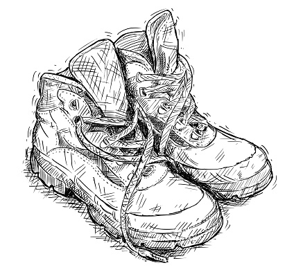 Vector Hand Drawing of Pair of Worn Hiking Boots