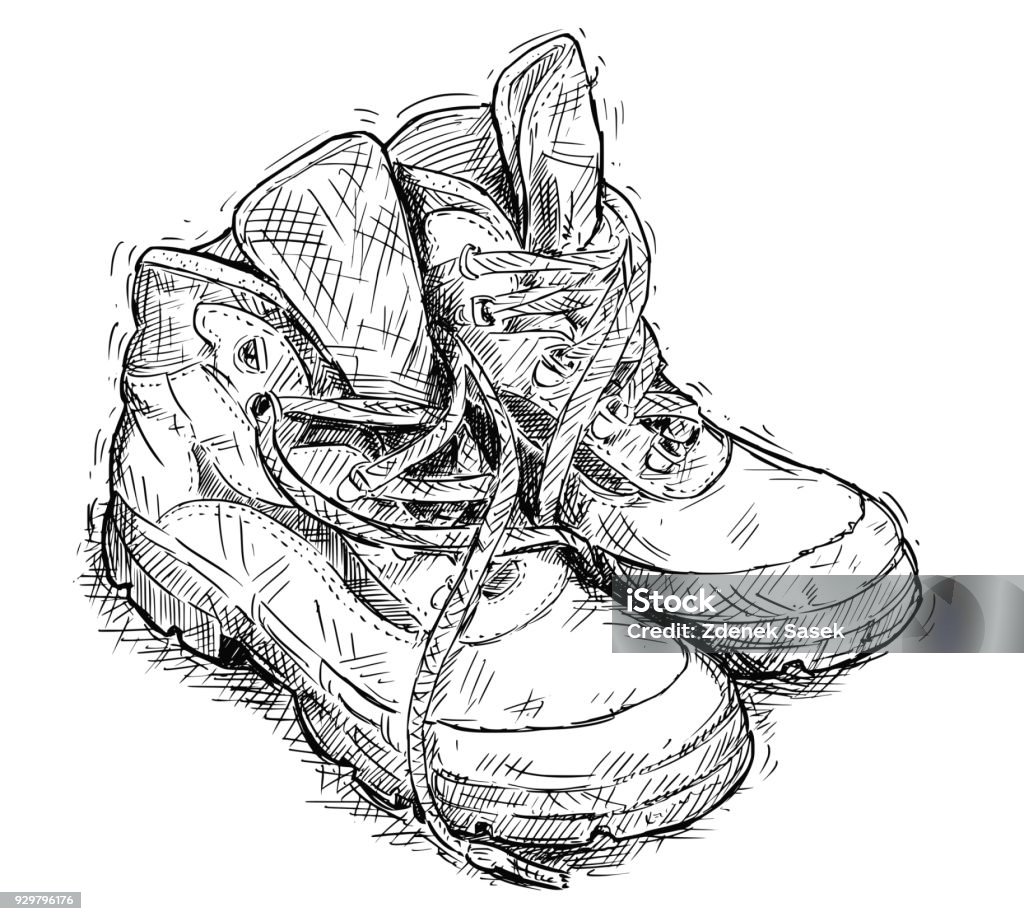 Vector Hand Drawing of Pair of Worn Hiking Boots Vector artistic pen and ink hand drawing illustration of pair of worn hiking boots. Hiking stock vector
