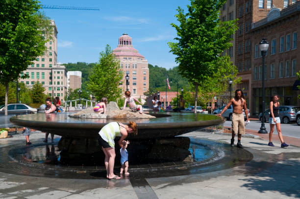Oklahoma City, Oklahoma, USA -- January 6, 2024: Centennial Plaza Fountain by Bricktown Canal at the intersection of Reno Avenue and Mickey Mantle Drive.