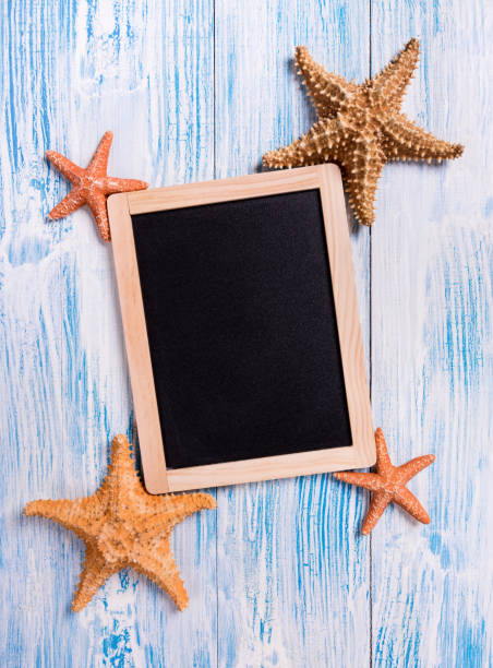istock Tropical frame with starfishes on rustic wooden background 929803158