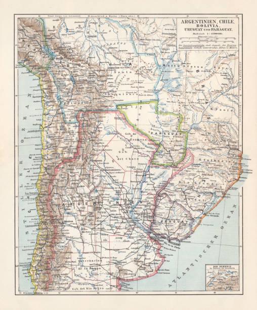 ilustrações, clipart, desenhos animados e ícones de argentina, chile, bolívia, uruguai e paraguai, litografia, publicado em 1897 - chile map topography topographic map