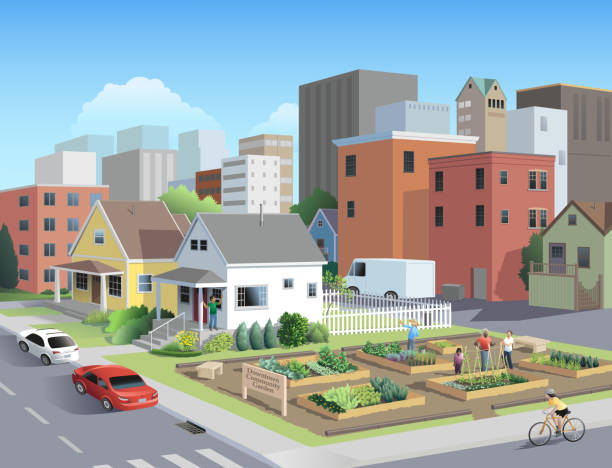 illustrations, cliparts, dessins animés et icônes de jardin communautaire de quartier urbain - jardin maison