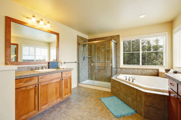istock Gorgeous spa like bathroom with two vanity cabinets. 929819710