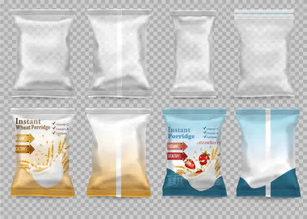 Vector illustration of Polypropylene plastic packaging - instant porridge advert concept