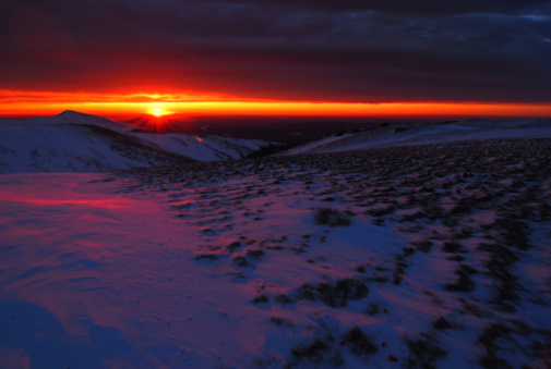 Winter sunrise in Rhodope mountains. Bulgaria, Europe.