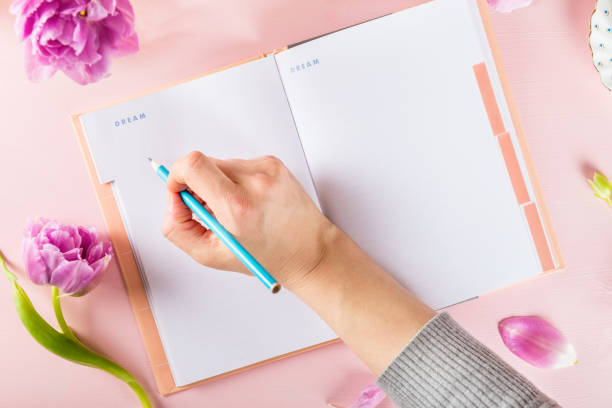 istock Open Notebook for writing Dreams and Ideas with flowers nearby 929830526