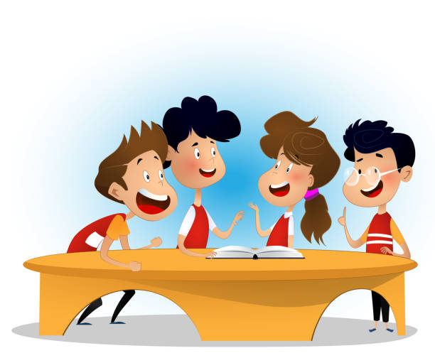 Group of children are discussing book in library Group of children are discussing book in library. Concept of inclusive activity. Cartoon vector illustration for banner. friends laughing stock illustrations