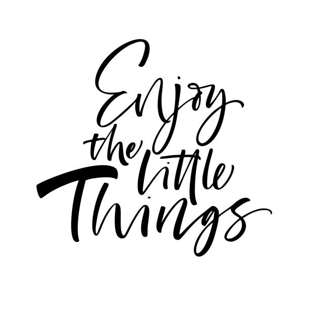 Enjoy the little things card. Enjoy the little things phrase. Ink illustration. Modern brush calligraphy. Isolated on white background. short phrase stock illustrations