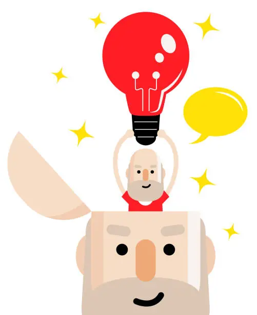 Vector illustration of Senior man holding a light bulb and standing in an open head (get an idea, giving a motivation)