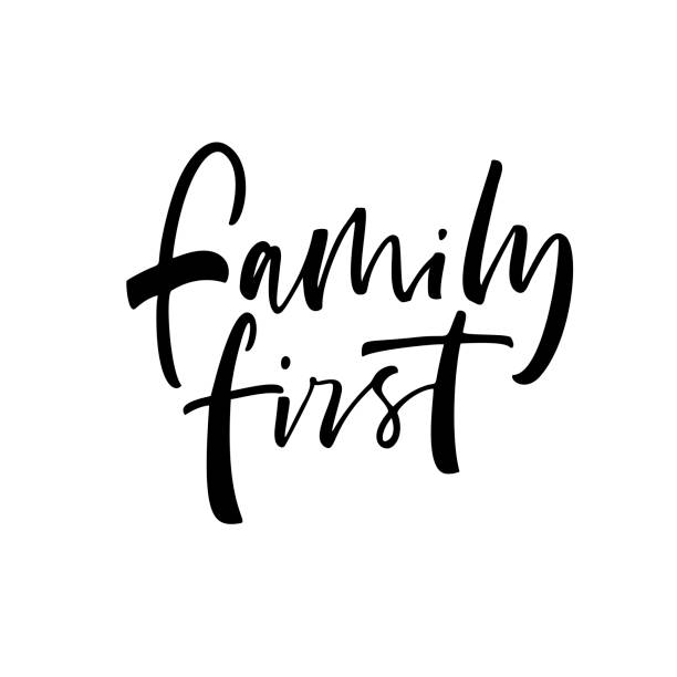 Family first card. Family first phrase. Ink illustration. Modern brush calligraphy. Isolated on white background. family word stock illustrations