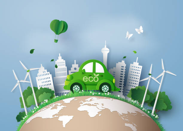 ilustraciones, imágenes clip art, dibujos animados e iconos de stock de papel reducido del concepto eco. - green car