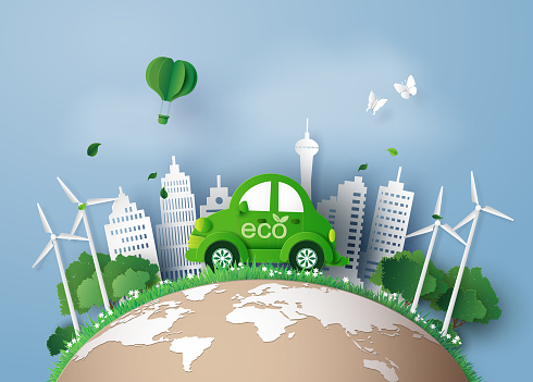 Eco-friendly car in the city. paper art and digital craft style.