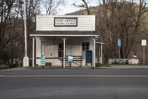 The town's very tiny post office, at the epicenter of the California Gold Rush, Coloma, California on January 23, 2018.