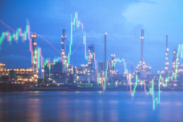 istock Oil refinery with candlestick graph background , Business and financial concept 929861024
