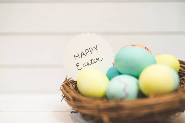istock Handmade woven Easter basket of eggs 929861894