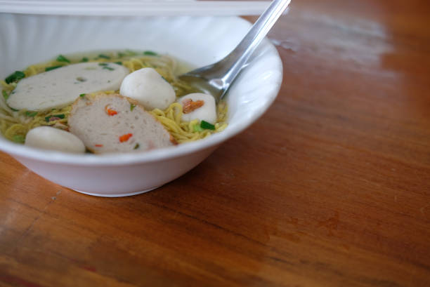 egg noodle soup with fish ball. Thai local food.