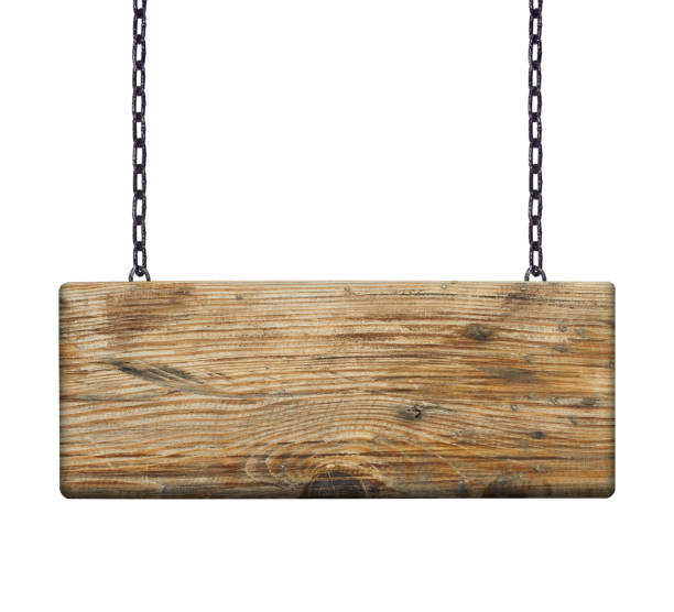 istock Wooden sign hanging on a chain isolated on white 929865468