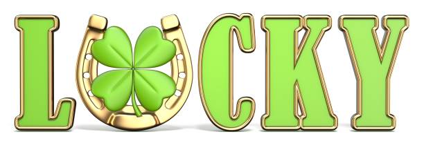 Word LUCKY with horse-shoe and four-leaf clover Front view 3D