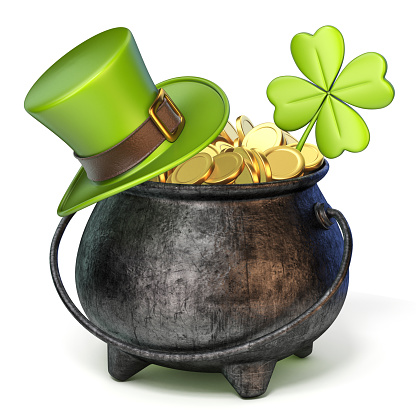 Iron pot full of golden coins, Green St. Patrick's Day hat and clover 3D render illustration isolated on white background