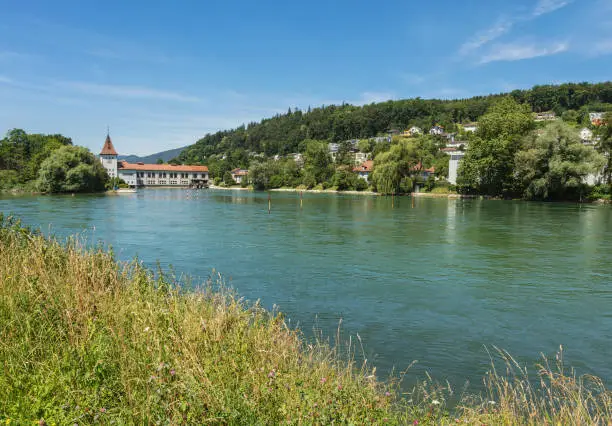 The Aare river in Switzerland, view from the town of Aarau in summertime. The Aare is longest river that both starts and ends within Switzerland, the town of Aarau is the capital of the Swiss canton of Aargau.