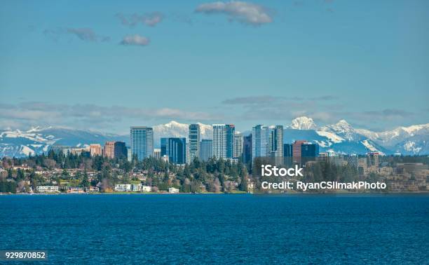 Bellevue Washington And Cascade Mountains Over Lake Washington Stock Photo - Download Image Now