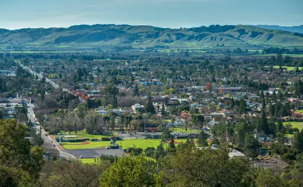 The City Center of Sonoma, California unfolds into the Hills as seen from the Sonoma Overlook Trail
