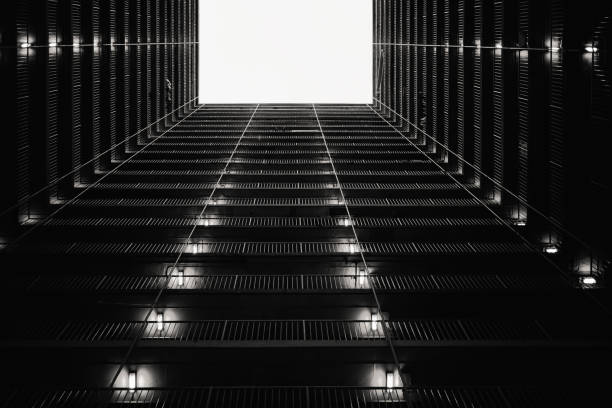 Hong Kong Building abstract, look up in B&W color