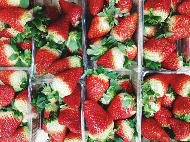Background of fresh strawberries in a supermarket