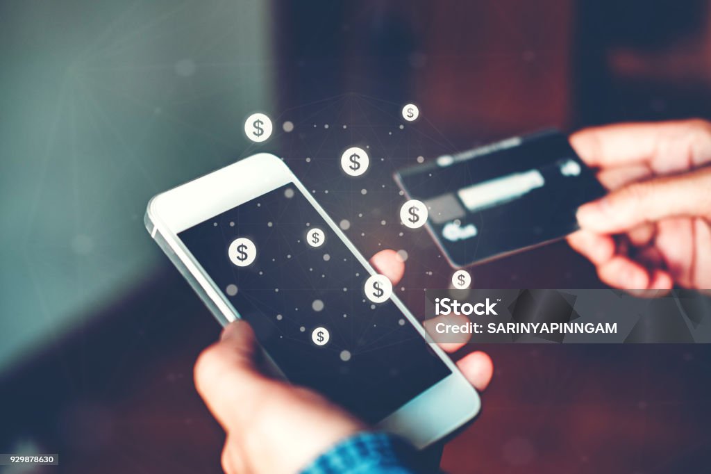 Online-banking Geschäftsmann mit Smartphone mit Kreditkarte Fintech und Blockchain Konzept - Lizenzfrei Bezahlen Stock-Foto