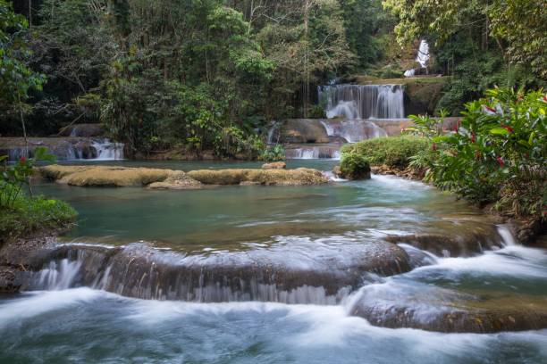 Lovely cascading waterfalls in the tropical island of Jamaica stock photo