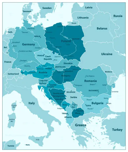 Vector illustration of Central Europe Map Aqua Blue Colors