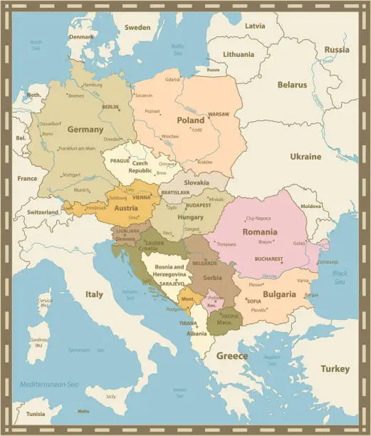 Vector illustration of Central Europe Map Vintage Colors