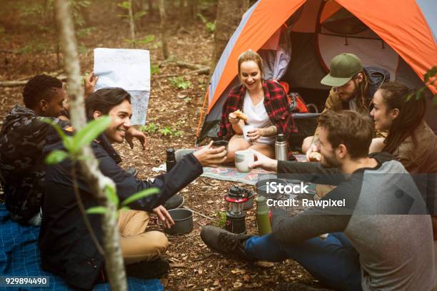 Friends Camping In The Forest Together Stock Photo - Download Image Now - Camping, Friendship, Group Of People