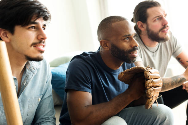 Friends cheering sport league together