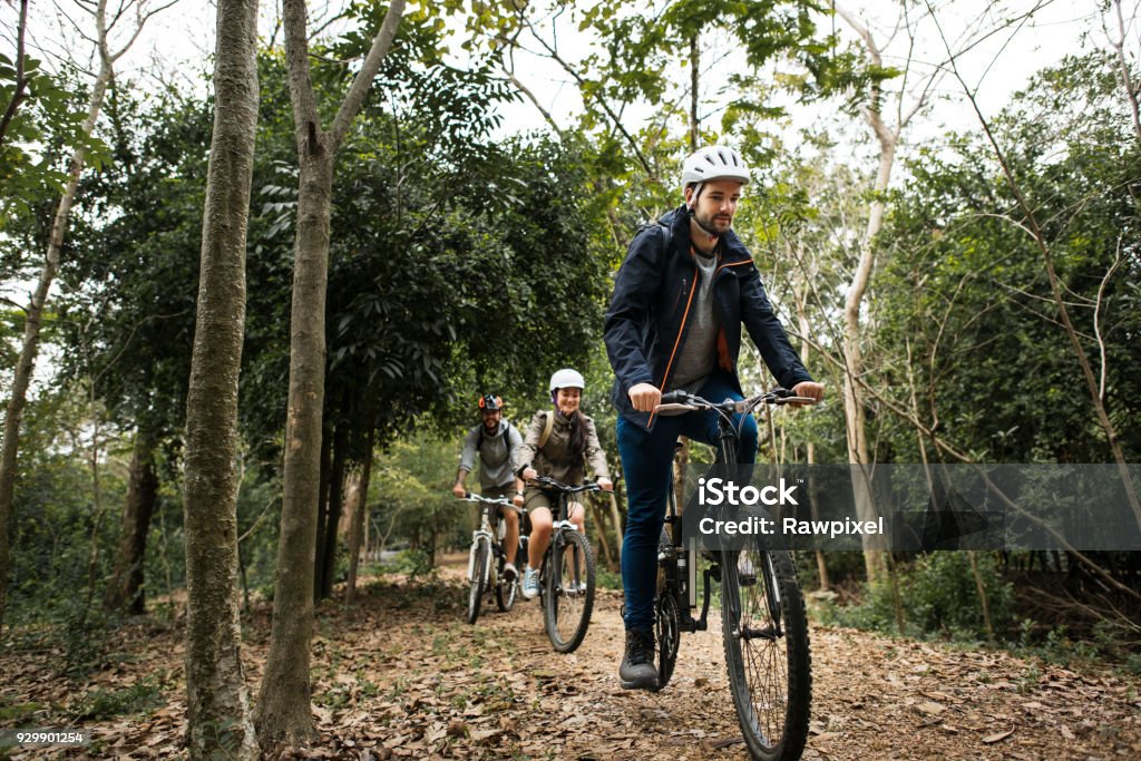 Group of friends ride mountain bike in the forest together Cycling Stock Photo
