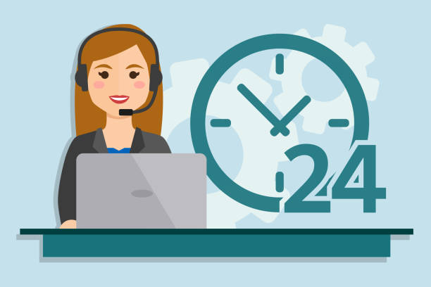 Call center service Woman with computer wearing headsets. Call center service 24 hours. Vector illustrator. central european time stock illustrations